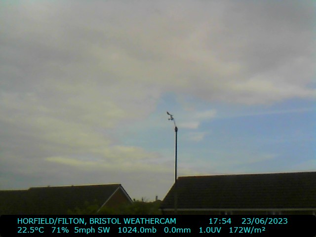 #bristol #weather 17:55 23/6/2023, mainly cloudy/dry/warm, T:22.5C, W:7mph(SW), B:1024.0mb(Steady), H:71pct, R:0.0mm
