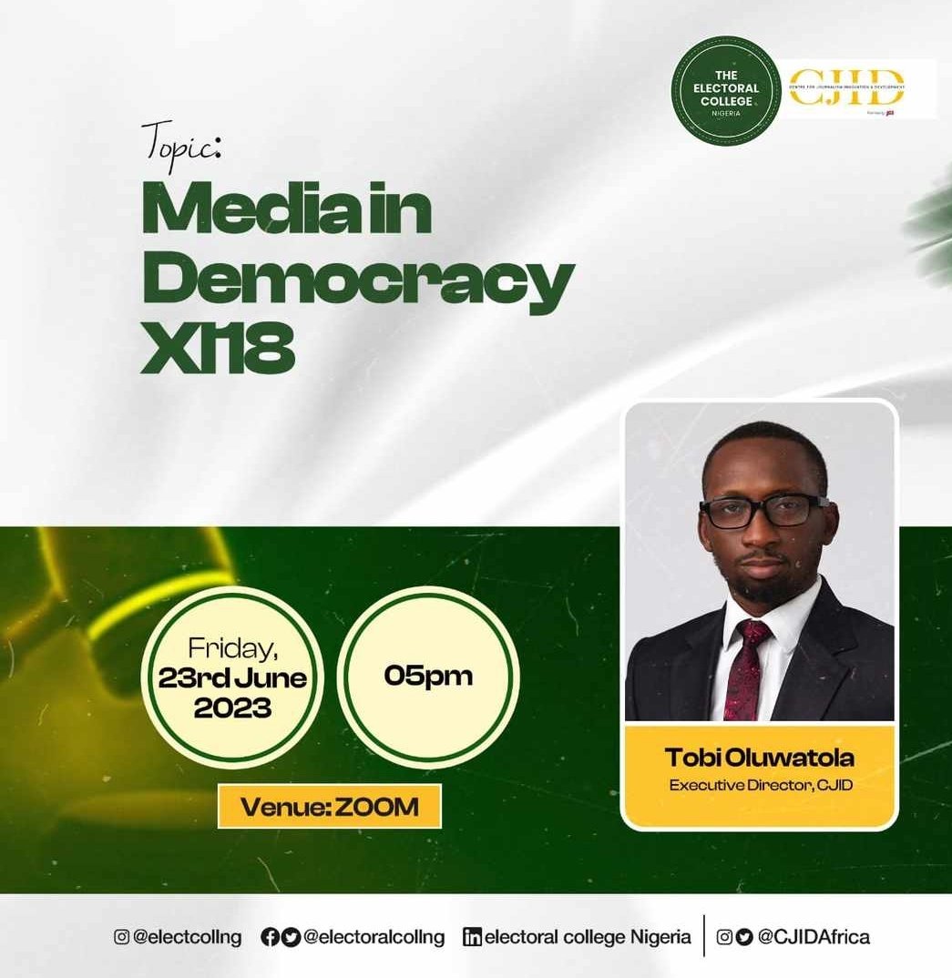 There are 13 laws that repress press freedom in Nigeria. Do you know them? 
It's on.... 
5pm, 
June 23,
Zoom....
@electoralcollng 
 @CJIDAfrica @tobioluwatola