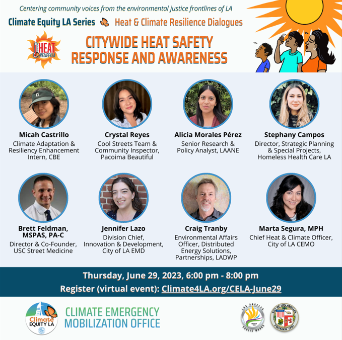 Please join <a href="/CEMO_EJ4LA/">LA City Climate Emergency Mobilization Office</a> next Thursday, July 29, for a continued conversation about HEAT and what folks are doing about it!  Learn more and register at climate4la.org/CELA-June29. #ClimateEquityLA #HeatRelief4LA