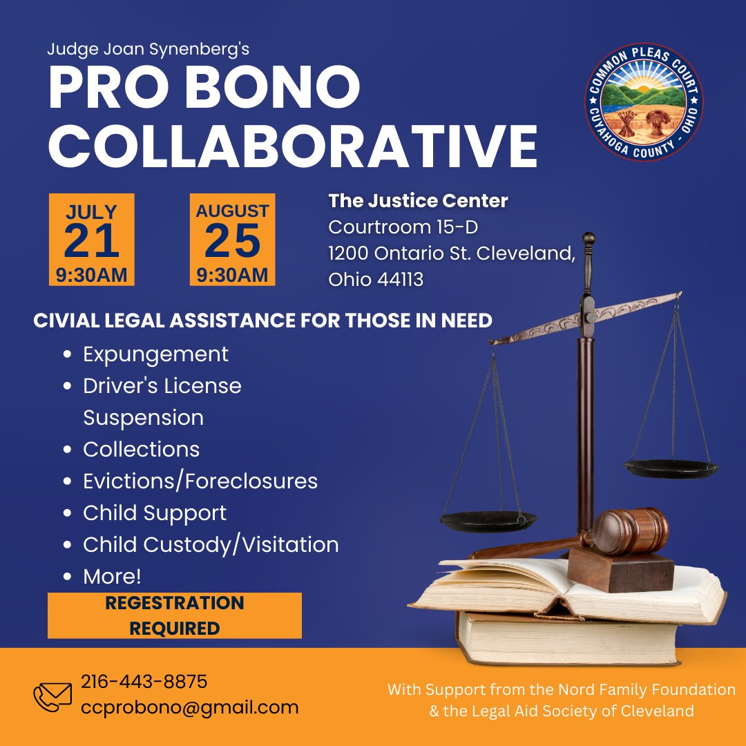 Join these pro bono collaboratives and receive expert legal advice at no cost. Secure your spot via email at (ccprobono@gmail.com) or calling (216)443-8875. Registration is required. Don't miss out of this opportunity!
#cuyahogacountypublicdefender #legalclinic #legaladvice