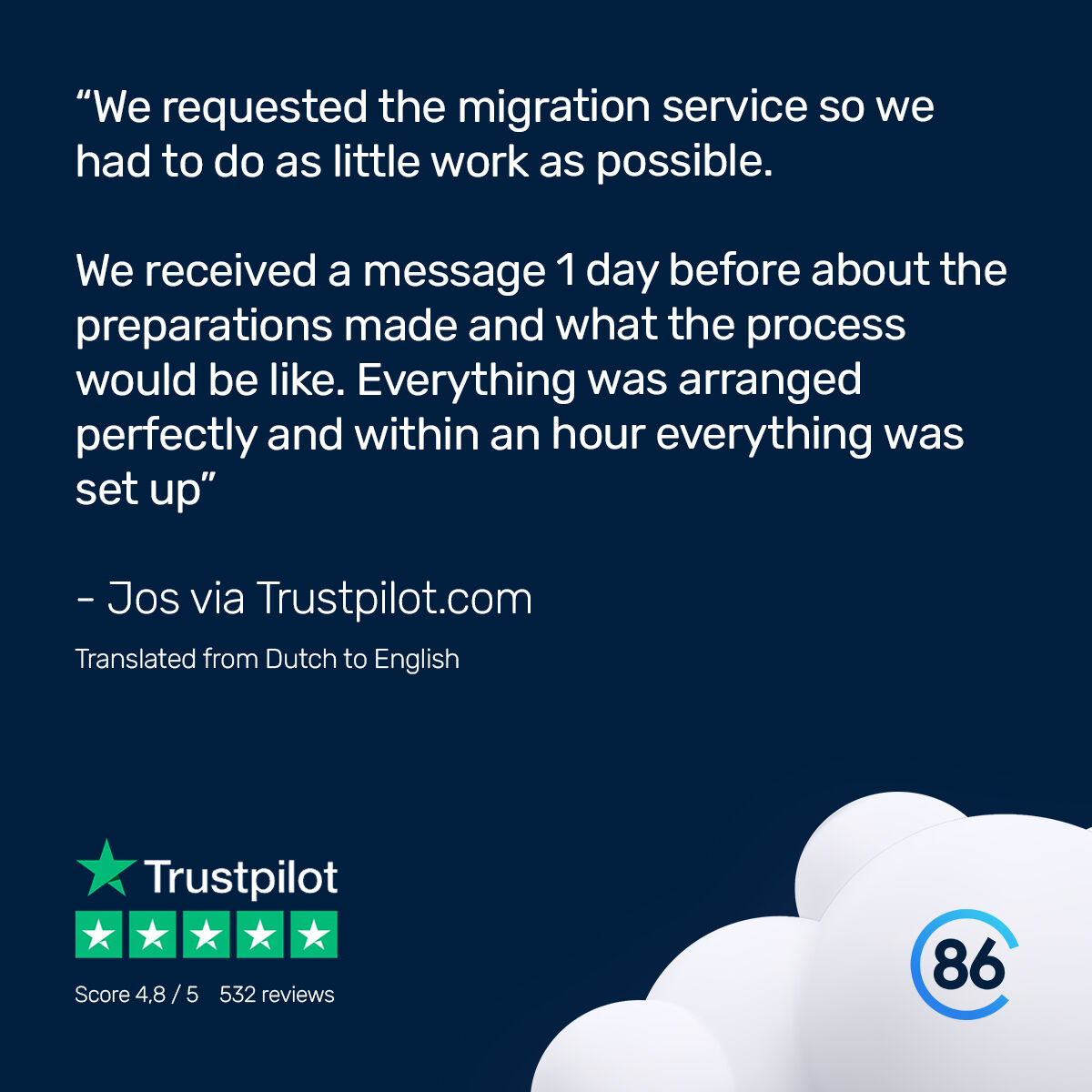 Migrating your website doesn't have to be a pain. With our free migration service (worth €75), your website is migrated in no time. We've successfully migrated more than 5000 websites already. Curious about our migration service? Read more below!
