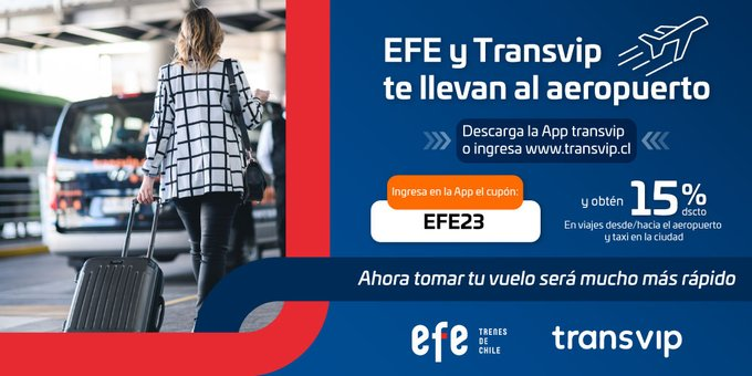 EFENos_'s tweet photo. 🛩️ Ir al aeropuerto desde nuestra #EstaciónCentral es más fácil, rápido y seguro junto a nuestra nueva alianza con #Transvip 🚐 ✨
✅ Usa nuestro cupón #EFE23 https://t.co/b3kACM7383