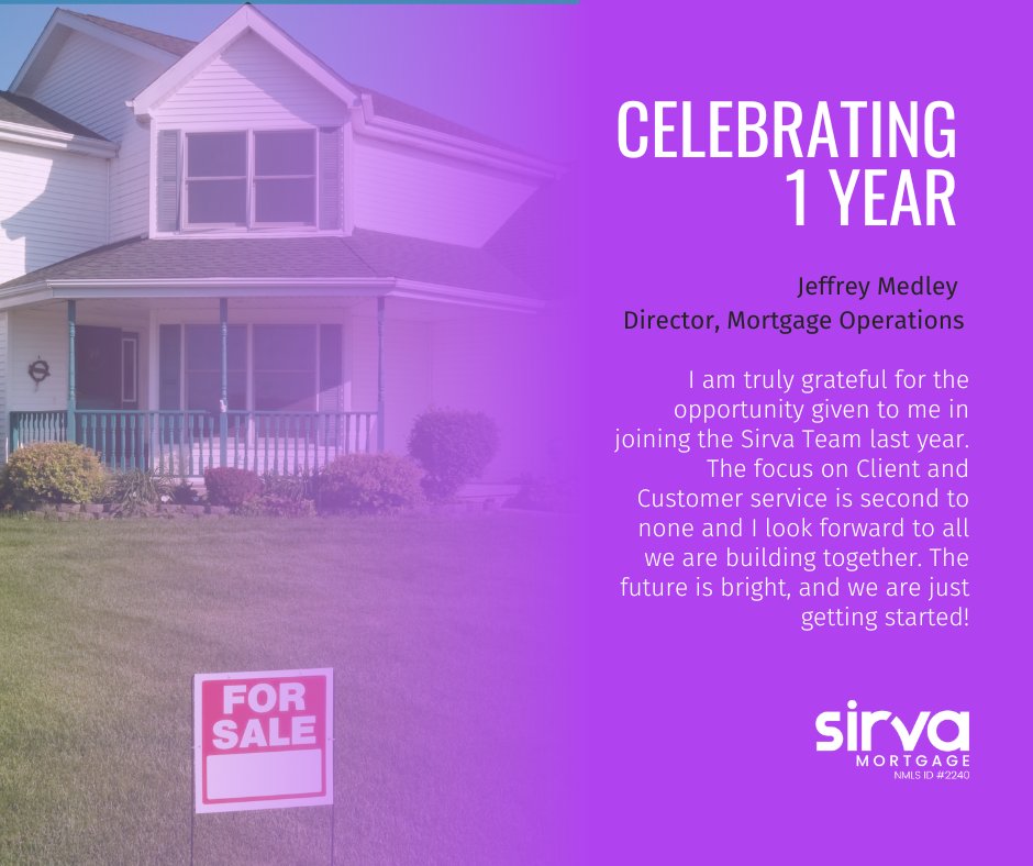 Thank you, Jeffrey  Medley, for all of your hard work during your first year at Sirva Mortgage.  #TeamSuccess #WorkAnniversary #SirvaMortgage #EmployeeAnniversary #Congratulations