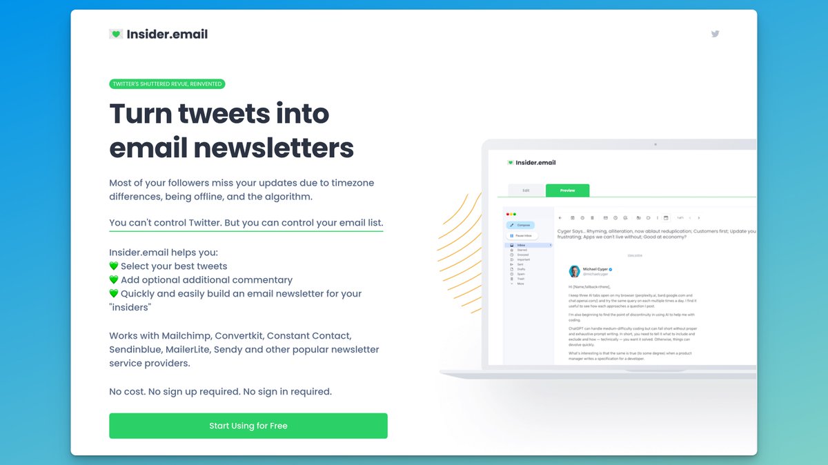 MichaelCyger's tweet photo. I am at the point where I’m looking for any excuse to delay launching @InsiderEmail.

OK, let’s do this.

I need 3 beta testers who want to send a newsletter of their tweets?

DM me.

I'll also be your first subscriber and walk you through the process! https://t.co/pWumeDlahT