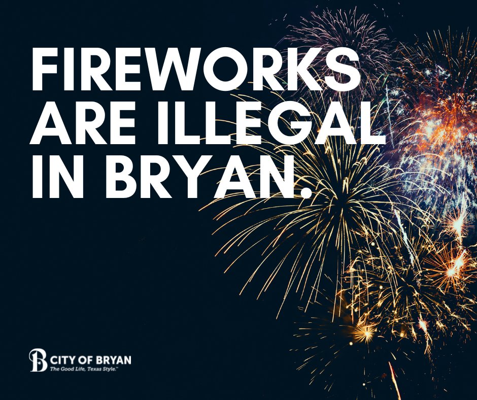 Reminder - Fireworks are illegal in #BCSTX 

Leave the fireworks to the professionals. Enjoy the free show at RELLIS this Fourth of July. 🇺🇸

🗓️ July 4
⏰ Open 6:30 p.m., show at 9 p.m.
📍Texas A&amp;M-RELLIS Campus

🔗 bit.ly/3NcMnew

 #Aggieland
