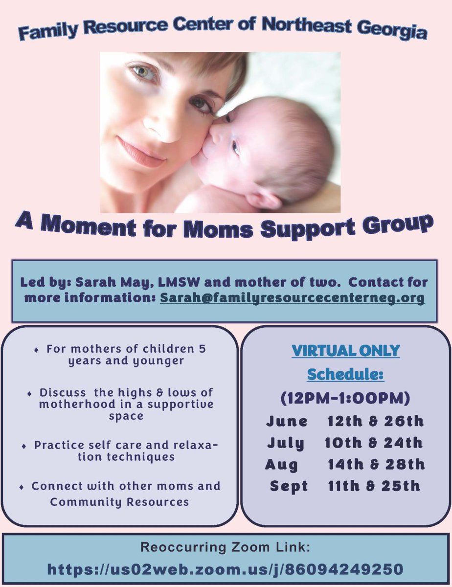 Join our VIRTUAL Moment for Moms Support Group next Monday led by Sarah May, LMSW! This free support system is a space for all mothers to express themselves in a safe, understanding environment. For more information, email sarah@familyresourcecenterneg.org.