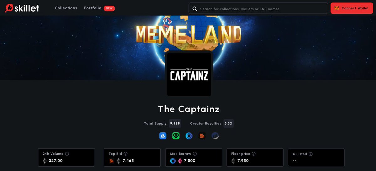 SkilletNFT's tweet photo. Daily alpha, lock in #OnlyUpside if you are thinking about selling on of your @Memeland Captainz by borrowing instead!
If Floor Price falls, you can just default. If the bull continues and Captainz moon, pay back that loan and ride the wave!
Only on https://t.co/ICRFEPYjm5 https://t.co/4JJH4IUTxv