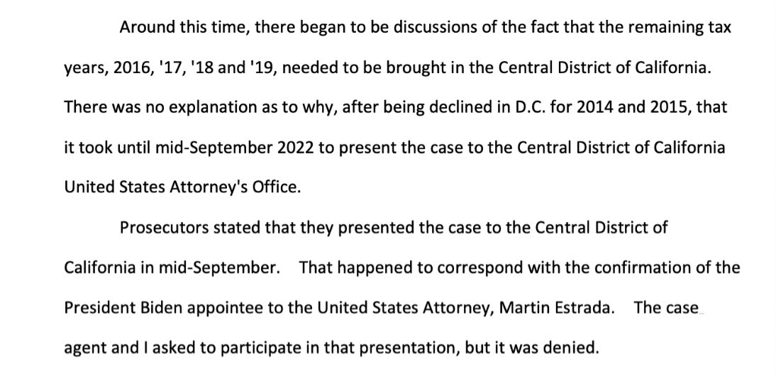 According to an IRS whistleblower:

David Weiss tried to bring charges in the Central District of California against Hunter Biden. 

The request was denied. 

That just so happened to correspond with the confirmation of the Biden appointee to the U.S. Attorney, Martin Estrada.