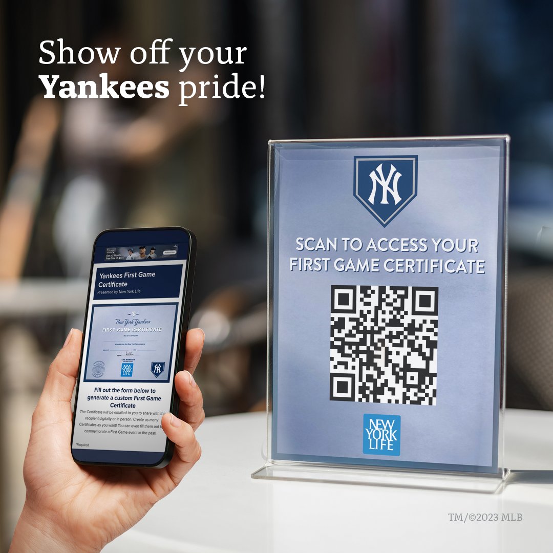 Celebrate your first ever @Yankees game this season with the Yankees Digital First Game Certificate presented by New York Life! Available online and QR code at Yankee Stadium. #GoodAtLife mlb.com/yankees/fans/f…