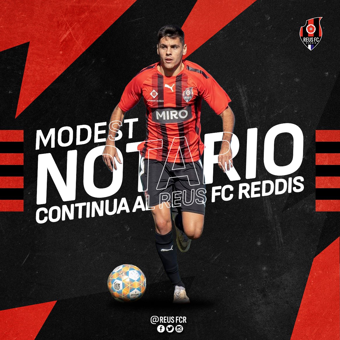 ReusFCR's tweet photo. ✍️ Modest Notario renova amb el Reus FC Reddis‼️💥

El migcampista continuarà aportant la qualitat, el treball i l'arribada a l'àrea que li han permès sumar 5️⃣ gols aquesta temporada🔝💪

A gaudir junts una temporada més, Modest! ❤️🖤

#reusfcr🔴⚫️ #somreusfcreddis https://t.co/XfJCdY0Hoe