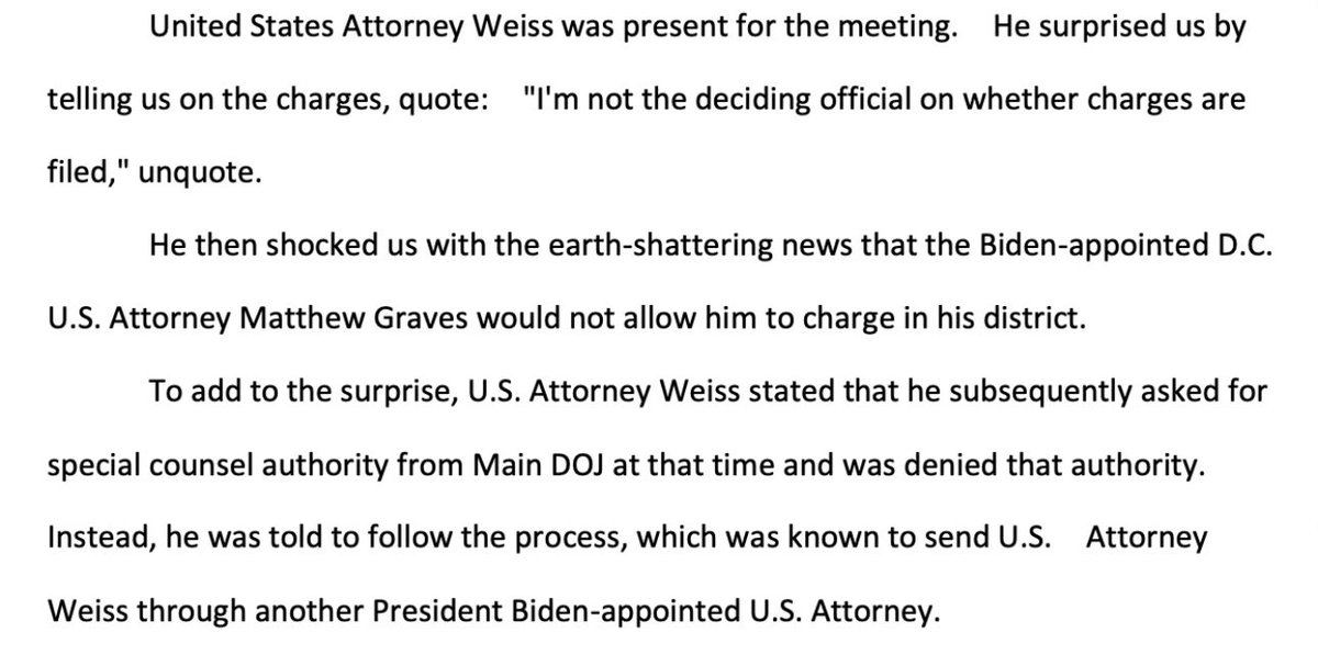 According to an IRS whistleblower:

David Weiss tried to bring charges in D.C. against Hunter Biden. 

Biden-appointed D.C. U.S. Attorney Matthew Graves wouldn’t allow it.