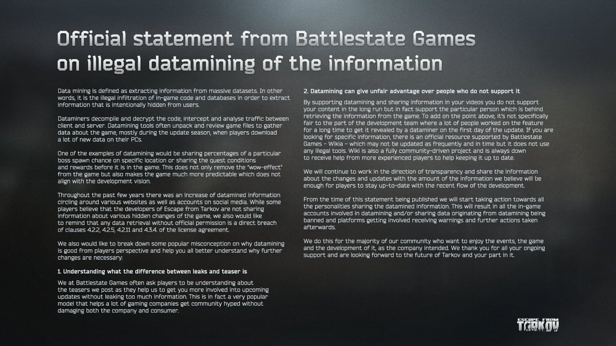 Official statement from Battlestate Games on illegal datamining of the information #EscapefromTarkov