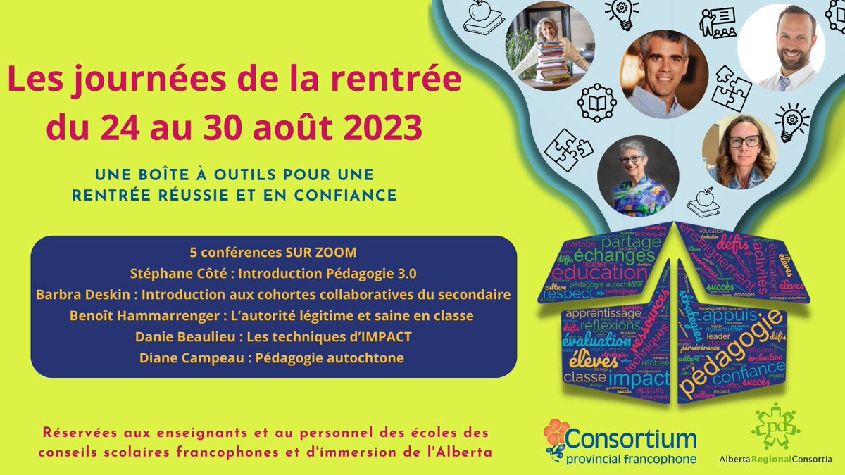 📢Programmation de nos journées de la rentrée 5 conférences pour une rentrée réussie et en confiance! ➡️ cpfpp.ab.ca/news/124 @CSCNInfo @CSFrancosud @CSNO @FCSFA3 @CsceI @UAlberta_CSJ #arpdc