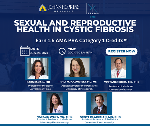 Hopkins CF Center (@hopkinscf) on Twitter photo Join <a href="/HopkinsCME/">HopkinsCME</a>, <a href="/hopkinscf/">Hopkins CF Center</a> experts and SPARK CME for a CME webinar on sexual and reproductive health in cystic fibrosis on Monday June 26, 2023 from 2pm - 3:30 pm Eastern.
REGISTER: rb.gy/vc5ga
CME information: bit.ly/ReproHealthCFI… Join <a href="/HopkinsCME/">HopkinsCME</a>, <a href="/hopkinscf/">Hopkins CF Center</a> experts and SPARK CME for a CME webinar on sexual and reproductive health in cystic fibrosis on Monday June 26, 2023 from 2pm - 3:30 pm Eastern.
REGISTER: rb.gy/vc5ga
CME information: bit.ly/ReproHealthCFI…