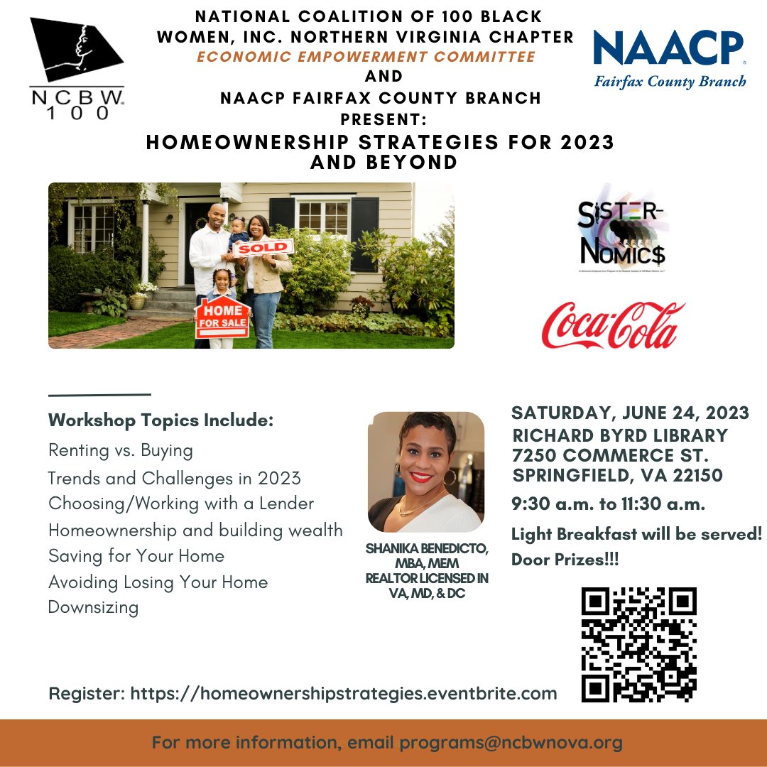 FairfaxNAACP's tweet photo. Join us tomorrow!

Join @ncbw_nova Economic Empowerment Committee and NAACP Fairfax County Branch tomorrow, June 24, for a discussion on equipping the community with strategies to purchase homes. 

Register for this free event here: https://t.co/98ZlKYIUup https://t.co/X5ZWAh1Fqg