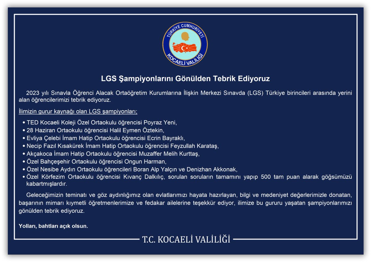 SeddarYavuz's tweet photo. Liselere Geçiş Sınavında tüm sorulara doğru cevap verip Türkiye Birincisi olan 9 evladımız var.
Evlatlarımızı, ailelerini ve öğretmenlerimizi kutluyorum. 
#LGS
#Kocaeli https://t.co/pvOt4gtb97