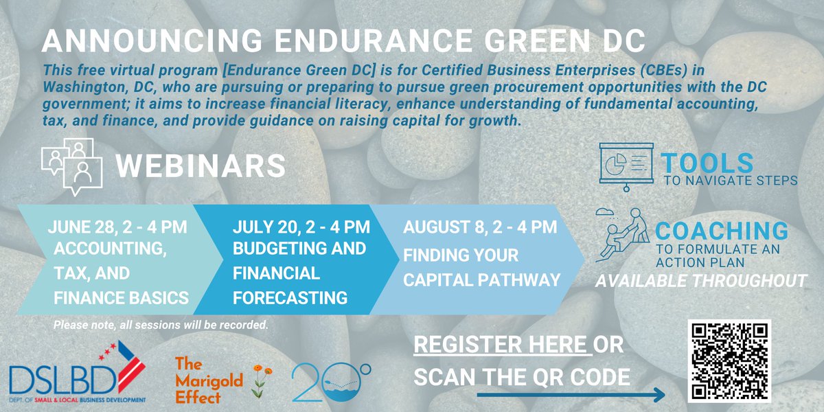 Do you know a business looking to contract with #DC in the green economy?
 
We have a free virtual program starting 6/28 in collaboration with @20DegsImpact + @SmallBizDC 

Register @ bit.ly/44hNtg6

#SmallBusiness #GovernmentContracts #GreenEconomy #FinancialEducation