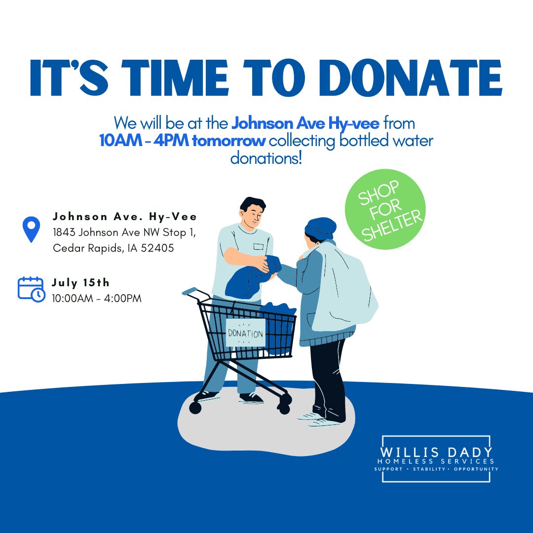 We hope to see you tomorrow at our Shop for Shelter event! Add a case of bottled water to your grocery list, we will load your donation onto an Iowa National Guard truck for safe keeping and transportation to our shelter. 🛒Grocery shop to make a difference! #shopforshelter