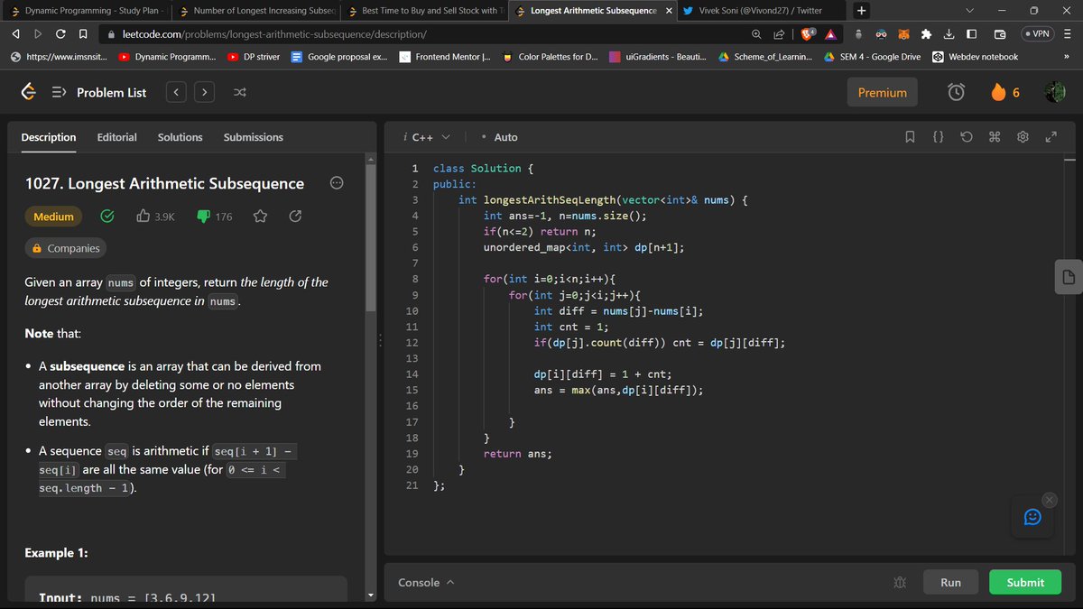 Vivond27's tweet photo. Day 29 of #100DaysOfCode 
Solved basic leetcode problems
- Longest Arithmetic Subsequence
- Best time to buy &amp; sell stock with trans fee https://t.co/2YpjsD5pjr