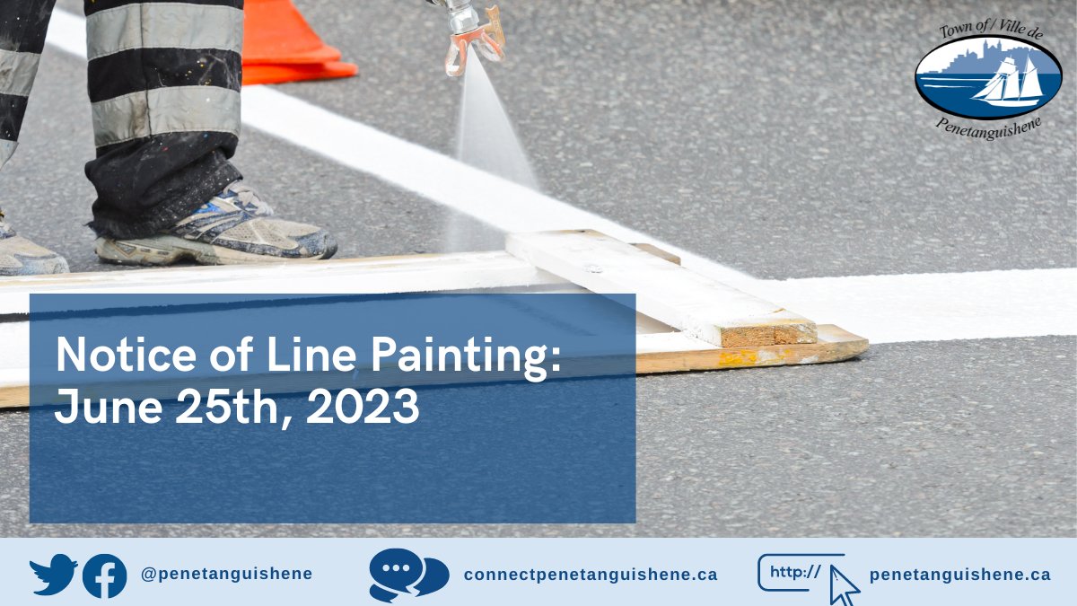 The Public Works Department, in conjunction with Midwestern Line-Striping Inc. will be line painting  throughout Town starting Sunday, June 25th, 2023, at 11:00 pm.  This work is scheduled to take approximately 4 to 5 days.

Full Notice: ow.ly/bR7Q50OW2FH