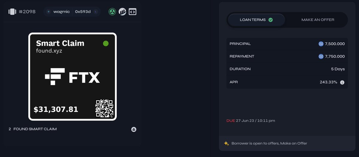One of the wildest things I've seen on chain:

Someone tokenized their $31,307 FTX bankruptcy claim so that ownership of the claim was represented by an NFT

They then used that NFT as collateral to take a $7,500 loan on it...

If they default, the lender would be the rightful