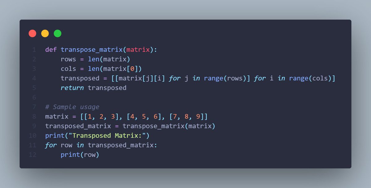 🔄 Matrix Transposition 🔄 Transpose a matrix by interchanging rows and columns. Unveil the power of matrix manipulation! #Python #MatrixManipulation #LinearAlgebra