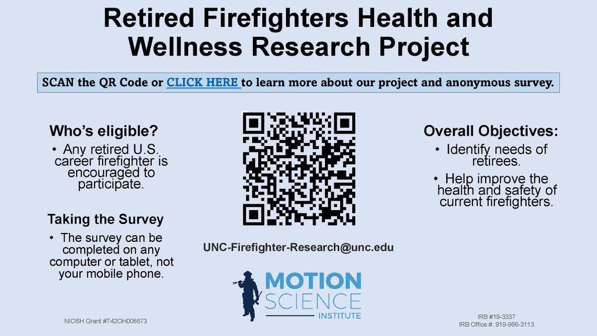UNC EXSS (@uncexss) on Twitter photo With strong national and regional support, <a href="/MOTION_UNC/">MOTION Science @ UNC</a> is conducting research on the health of retired career firefighters across the US. Please consider sharing this project with retired firefighters and retweet!
Project details: tinyurl.com/ycxbch7e With strong national and regional support, <a href="/MOTION_UNC/">MOTION Science @ UNC</a> is conducting research on the health of retired career firefighters across the US. Please consider sharing this project with retired firefighters and retweet!
Project details: tinyurl.com/ycxbch7e