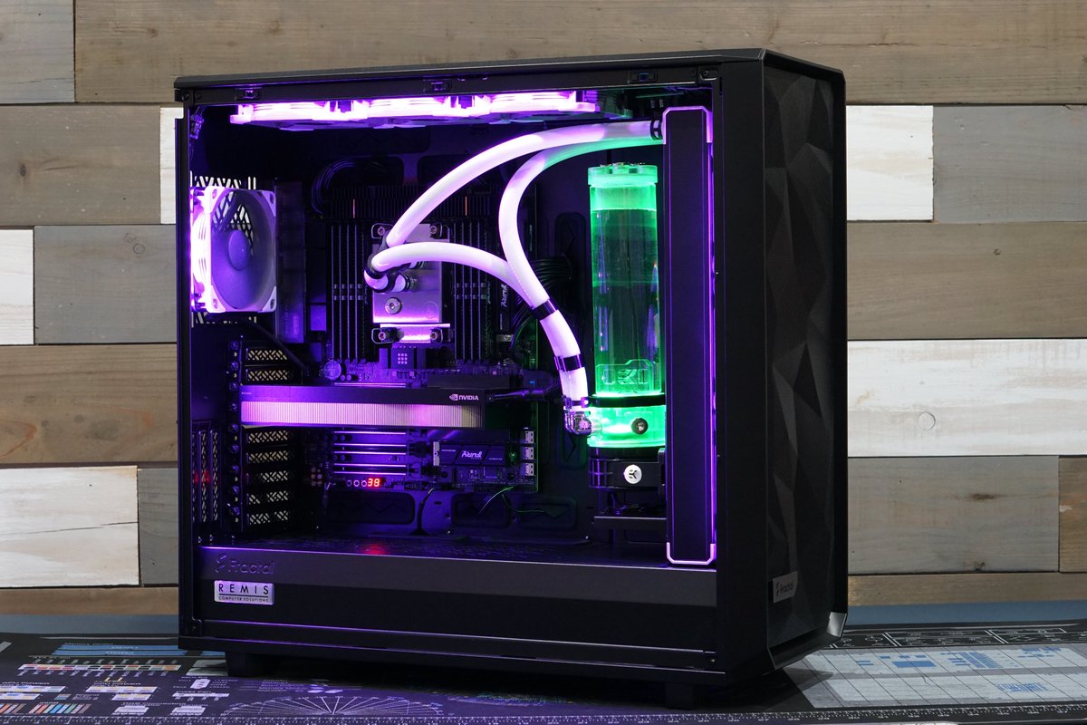 remiscs's tweet photo. 📣Introducing the mega workstation build for Code Four!  This marks my second high-end system for them, all thanks to a referral. A few months ago, they were considering an upgrade, and their decision to wait for the Intel Xeon w9-3495x has definitely paid off.

Their previous build, featuring the AMD Threadripper 3990x with PBO, outperformed the TR Pro 5995wx. Considering this, I believed that the Intel Sapphire Rapids w9-3495x would be a worthwhile upgrade once overclocked, and it indeed delivered on that expectation.

This happens to be the most expensive system I've worked on, and since Code Four is just one state away, I thought it would be fantastic to personally deliver it. Visiting their amazing office was a delight! The conference room, with its glass table supported by helicopter rotor blades, was truly impressive. It literally stopped me in my tracks. Witnessing the team members' reactions to the build was an enjoyable experience.

Here are the incredible specs of the workstation:
-Case: Fractal Design Meshify 2 XL
-Processor: Intel Xeon w9-3495x 56core/112 thread (OC)
-Motherboard: Asus Pro WS W790-Ace
-Graphics Card: Nvidia RTX 6000 Ada 48GB
-Cooling: 360mm EK Custom Loop with Phanteks T30 Fans
-Storage: 4TB Kingston Fury Renegade (qty 2)
-Power Supply: Seasonic 1600w Platinum
-Chassis Fans: Noctua Redux PWM (qty 4)
-RGB Lighting: Razer RGB Light Controller
-Operating System: Windows 11 Pro

Thank you to all of my clients, referrals are what account for most of my work! 🚀✨