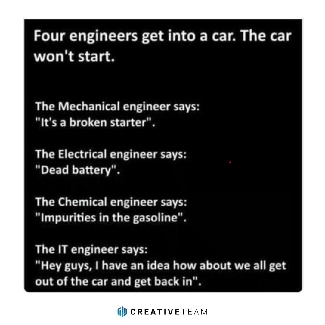 A story about 4 Engineers 😂😅

#engineers #informationtechnology #techies #engineermemes #funnyfriday #techconsultant #programmers #coders #developers #ittechnology