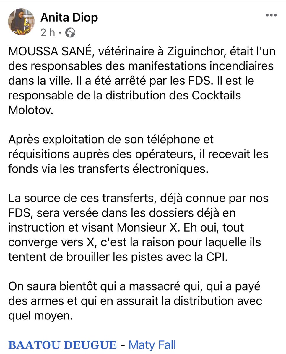 #senegal,
 MOUSSA SANÉ, vétérinaire à Ziguinchor, était l'un des responsables des manifestations incendiaires dans la ville. Il a été arrêté par les FDS. Il est le responsable de la distribution des Cocktails Molotov.