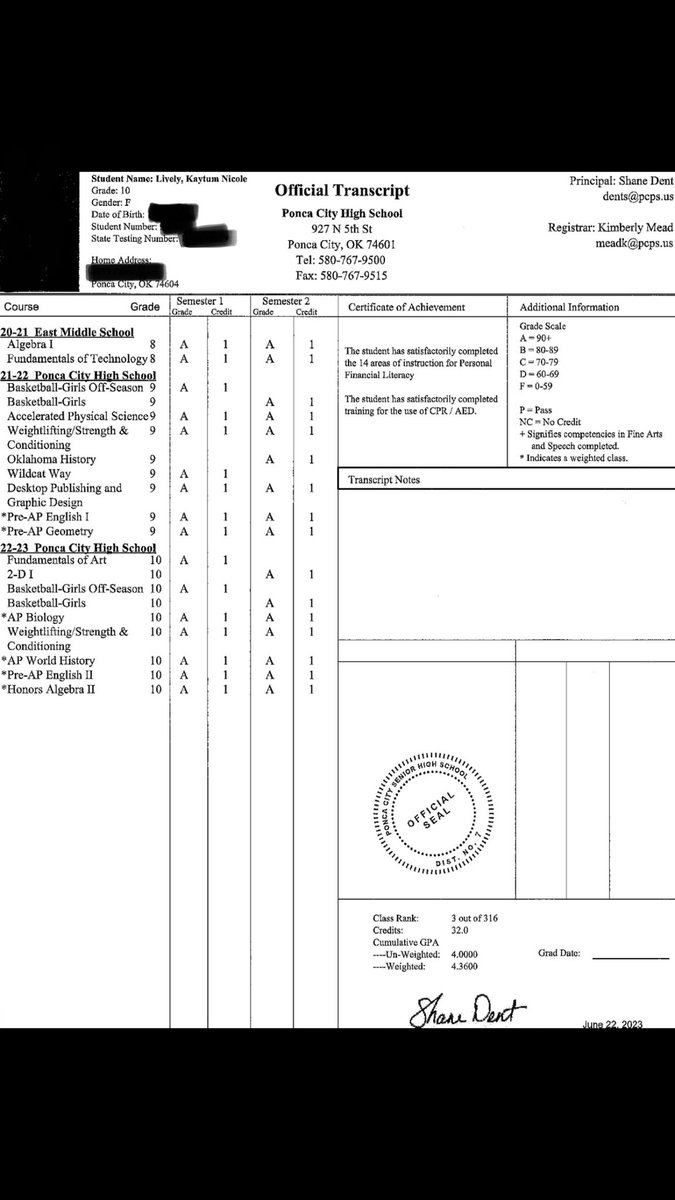 This is my official transcript after completing my 10th grade year at Ponca City High School. 

4.36 GPA
Class Rank 3/316