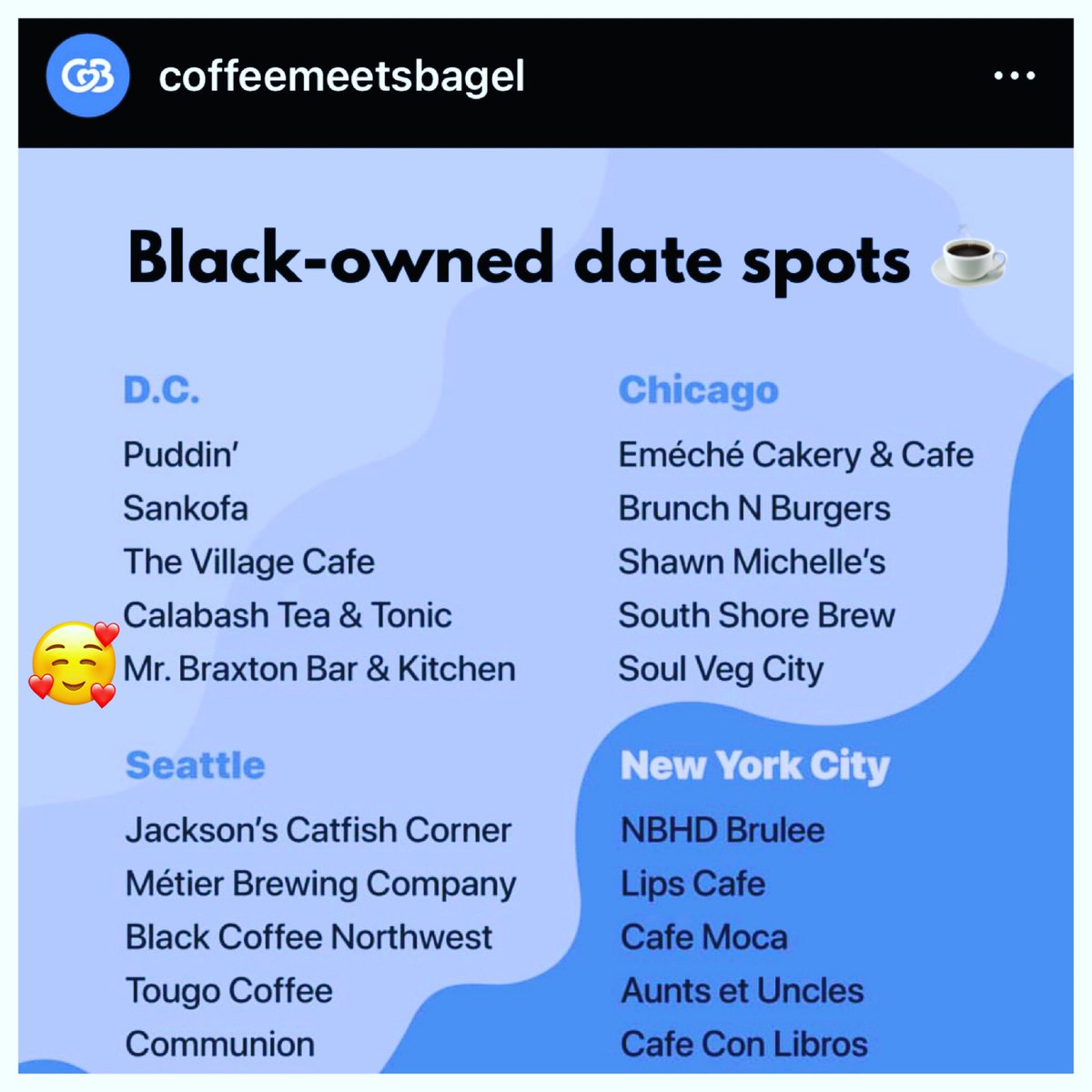 mrbraxtondc's tweet photo. DC Black-owned Date Spots ☕️🥯 💕 @coffeembagel 💕 #DCDateNight #DCPatio #DCPatioRestaurant #DCRestaurants #DCLiveMusic #BlackOwnedRestaurant #DCBrunch #PetworthDC #ParkviewDC #DCDining https://t.co/PqPeVqSDXm