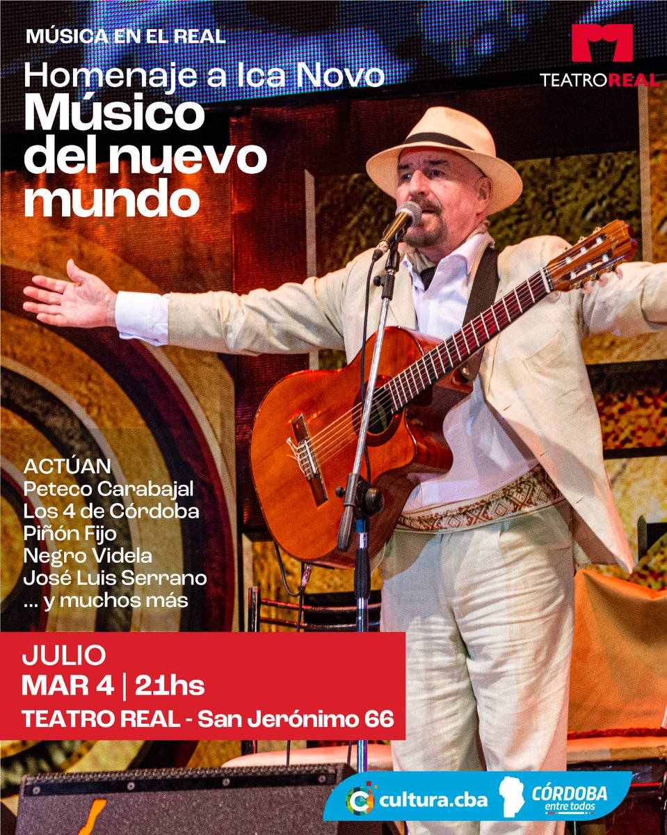 #Real2023 
Homenaje a Ica Novo - “Músico del nuevo mundo”
 Las entradas son sin cargo y se podrán retirar de la boletería del Teatro, San Jerónimo 66, de martes a sábados de 10 a 16hs. Dos por persona, hasta agotar capacidad de sala.

<a href="/AgCbaCultura/">Cultura CBA</a>