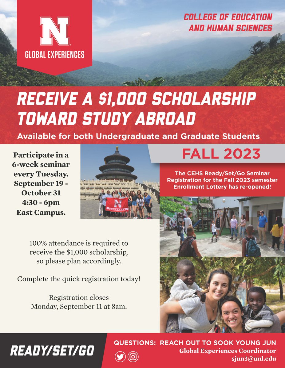 Receive a $1,000 scholarship toward your CEHS study abroad! Please click on the link below to sign up for Ready/Set/Go seminar for the opportunity!
unlcorexmuw.qualtrics.com/jfe/form/SV_2a…
