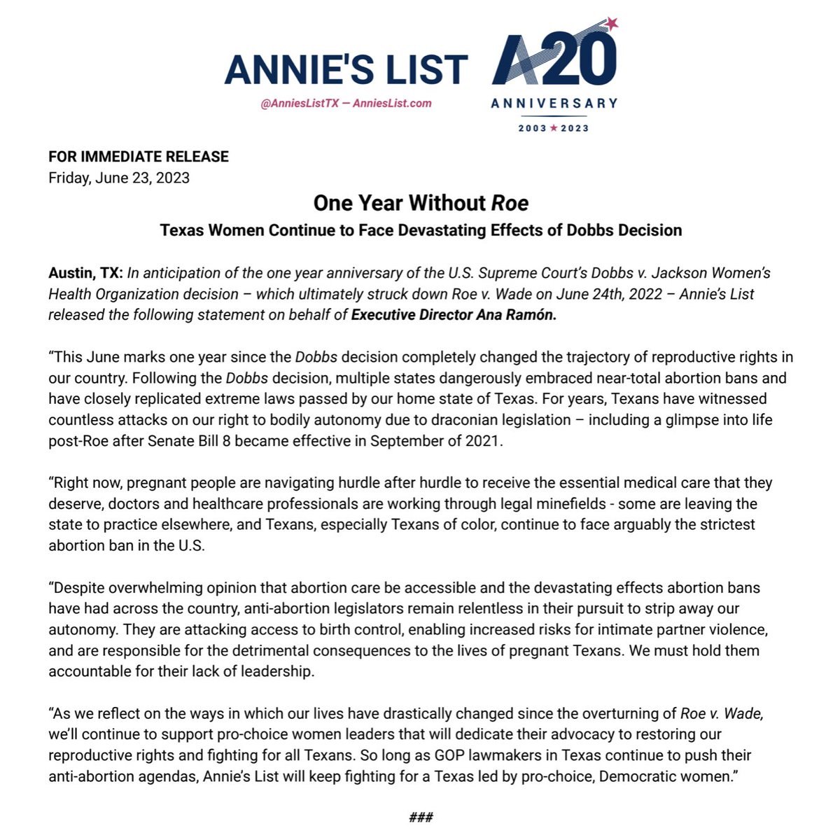 'So long as GOP lawmakers in Texas continue to push their anti-abortion agendas, Annie’s List will keep fighting for a Texas led by pro-choice, Democratic women.' - @Ana_Ramon89 #RoevWade