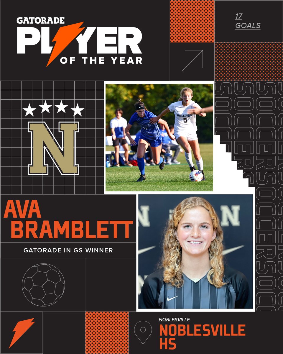 Congratulations to Miller Soccer’s Ava Bramblett on being named the <a href="/Gatorade/">Gatorade</a> Indiana Girls Soccer Player of the Year! Bramblett is Noblesville’s seventh #GatoradePOY and the second for <a href="/NoblMillerSoc/">Miller Girls Soccer</a>! #MillerPride