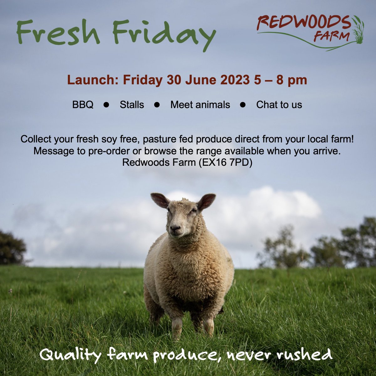 RedwoodsFm's tweet image. Just 7 days to go til the launch of our new #FreshFriday!
We’re making an event of it for our first one with BBQ, stalls, meet some animals &amp;amp; chat with us about our #farming
Collect your fresh #SoyFree #PastureFed meat &amp;amp; eggs direct from your local farm #MidDevon #BuyLocal