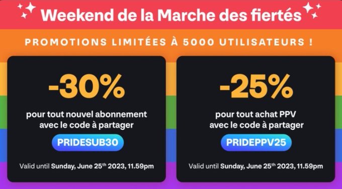 Nouvelle promo MYM 🔥 -30% sur les abonnements avec le code PRIDESUB30 -25% sur les Pay per view (Push
