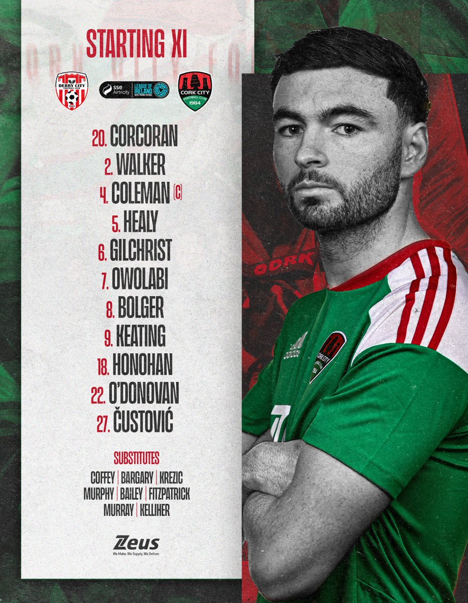 CorkCityFC's tweet photo. 𝗦𝗧𝗔𝗥𝗧𝗜𝗡𝗚 𝗫𝗜 📝

Here's how we line up for this evening’s game against Derry City at the Ryan McBride Brandywell!

Kick off here is at 7:45pm.

Watch it live on https://t.co/jE1NQaOaSw 📺

#CCFC84 || #LOI https://t.co/hpz49lOKkz
