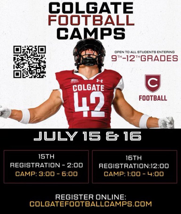 Uncle Ray (@rays_world9) on Twitter photo Let’s see whose been working all summer long 💪
Great chance to get in front of our staff and DISPLAY that you have what it takes to be the next Colgate Raider ⚔️
GET SIGNED UP TODAY
🔗colgatefootballcamps.com
#ThreeForTheGate / <a href="/ColgateFB/">Colgate Football</a> Let’s see whose been working all summer long 💪
Great chance to get in front of our staff and DISPLAY that you have what it takes to be the next Colgate Raider ⚔️
GET SIGNED UP TODAY
🔗colgatefootballcamps.com
#ThreeForTheGate / <a href="/ColgateFB/">Colgate Football</a>