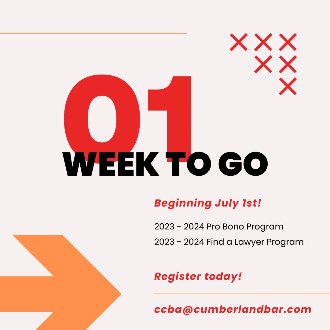 1 WEEK TO GO! ⏰  July 1st marks the start of CCBA's 2023 - 2024 Pro Bono Program & Find a Lawyer Program!  For questions or more info on either program, please reach out - ccba@cumberlandbar.com.  Register today!  #cumberlandcountypa #attorney #probono #findalawyer