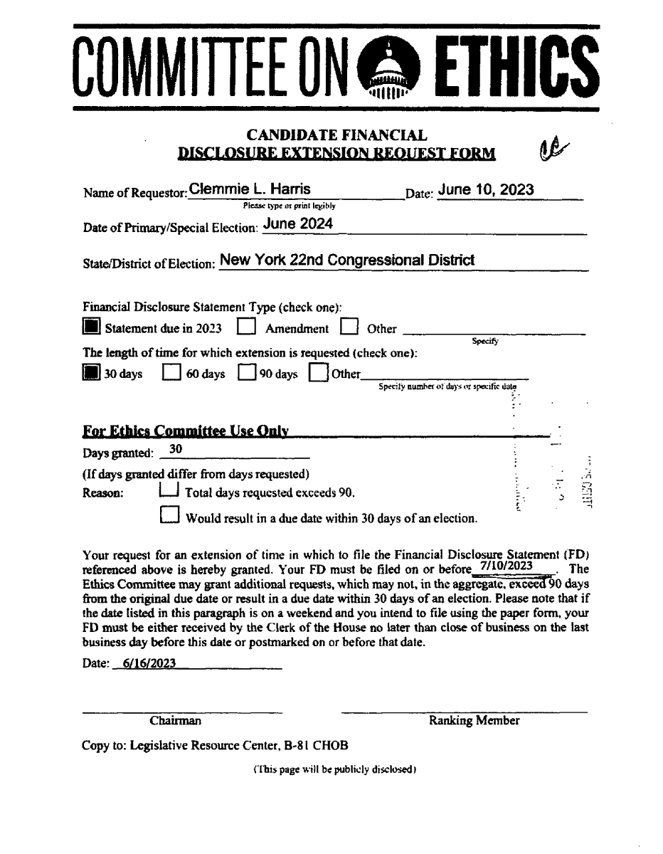 NEW HOUSE CAND FINANCIAL DISCLOSURE EXTENSION REQUEST Clemmie L. Harris #NY22 disclosures-clerk.house.gov/public_disc/fi…