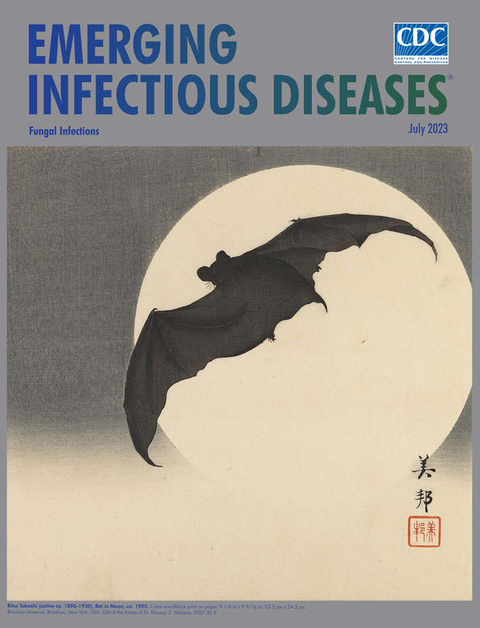 July 2023 issue of Emerging Infectious Diseases journal features fungal infections &amp; cover image “Bat in Moon” by Biho Takashi. Fungal pathogens, a One Health issue, pose a threat to human health &amp; animal health. More info: wwwnc.cdc.gov/eid/article/29…