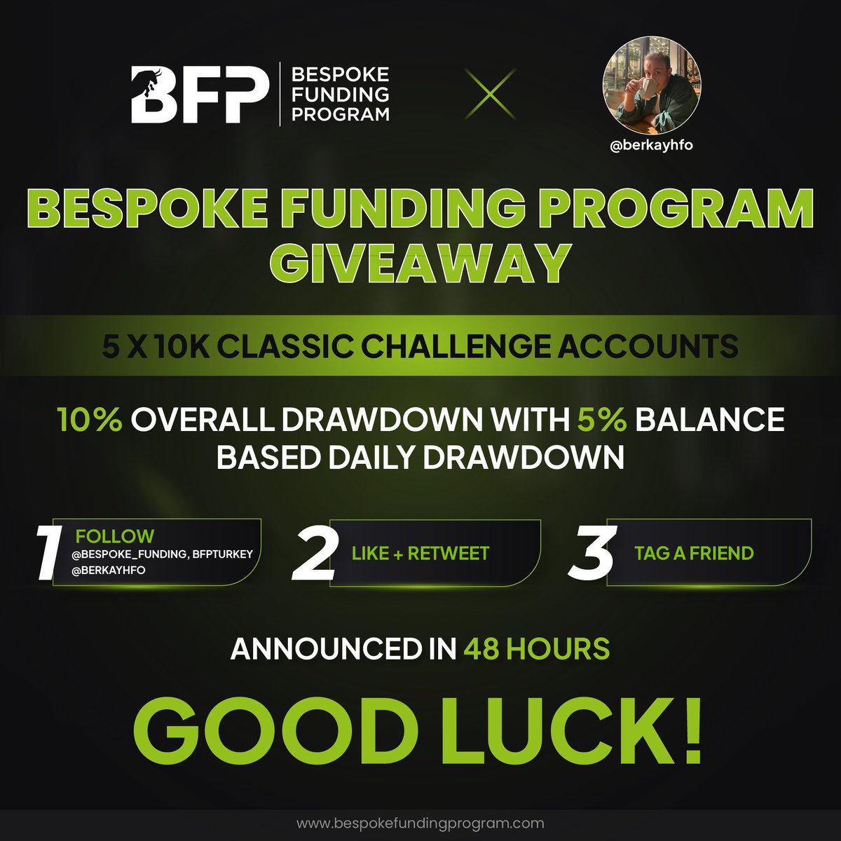 5 KİŞİYE 10K$ FON ÇEKİLİŞİ

1️⃣  @berkayhfo @Bespoke_Funding @BFPTurkey hesaplarını takip et.

2️⃣ Tweeti beğen + Retweetle et. 

3️⃣ Bir arkadaşını etiketle. 

📣 Firmadan direkt fon almak için “TURKEY10” kupon kodunu kullanarak indirimli alabilirsiniz. 

dashboard.bespokefundingprogram.com