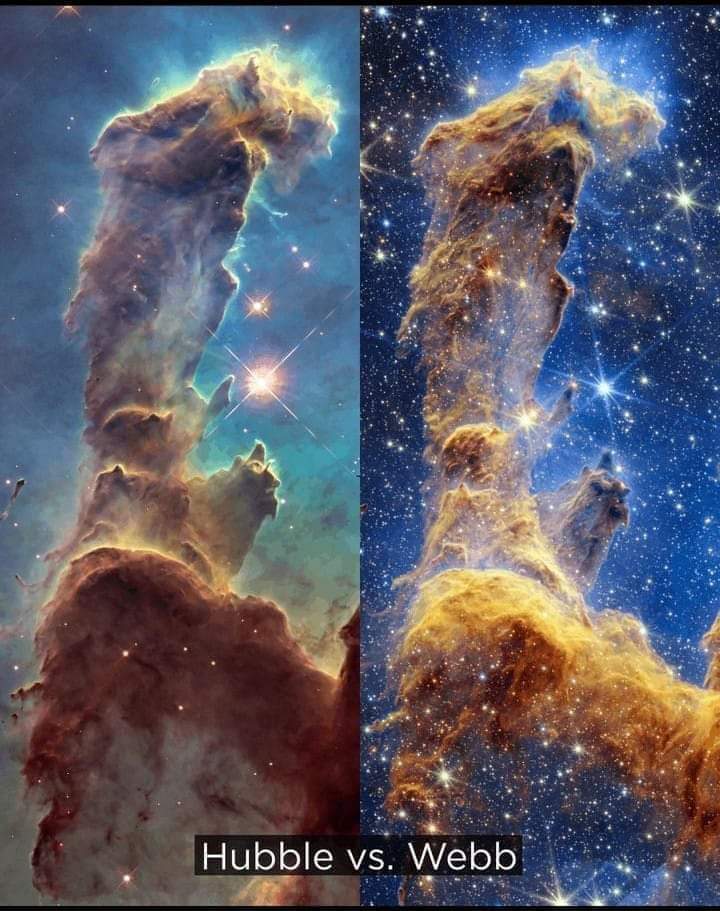 The Pillars of Creation in M16 Eagle Nebula by Hubble & Webb telescopes.