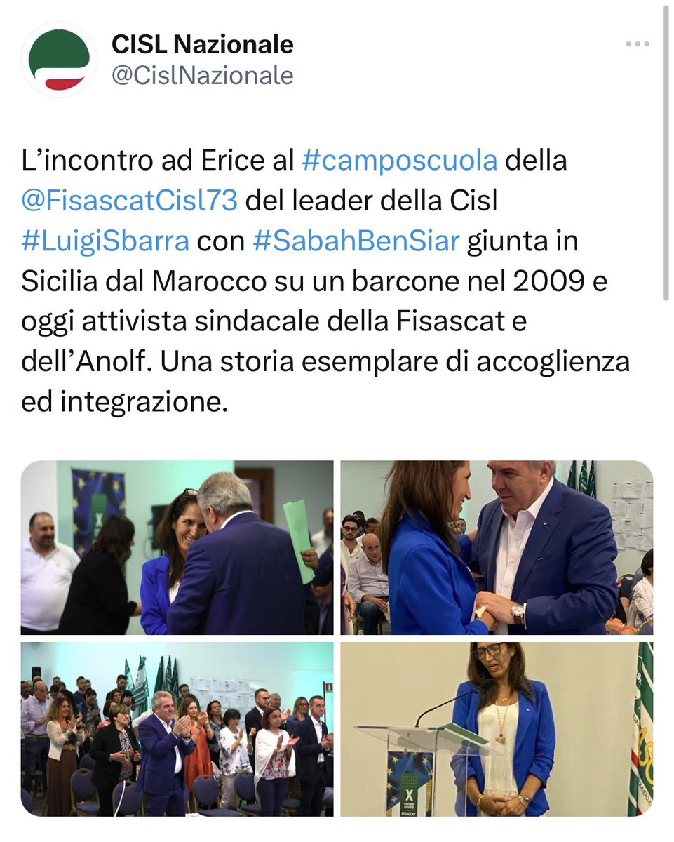 #Sbarra <a href="/CislNazionale/">CISL Nazionale</a> @FisascatCisl73. <a href="/mariailenarocha/">Marilena</a> :“straordinaria #opportunità all’interno di + #categorie per l’importanza della #crescita, oggi la nostra #Sabah Ben Siar Vice <a href="/AnolfPalermo/">Anolf Palermo</a> e attivista <a href="/fisascatpatp/">Fisascat Cisl Palermo Trapani</a> ha dimostrato di poter esserci #OltreLeFrontiere”