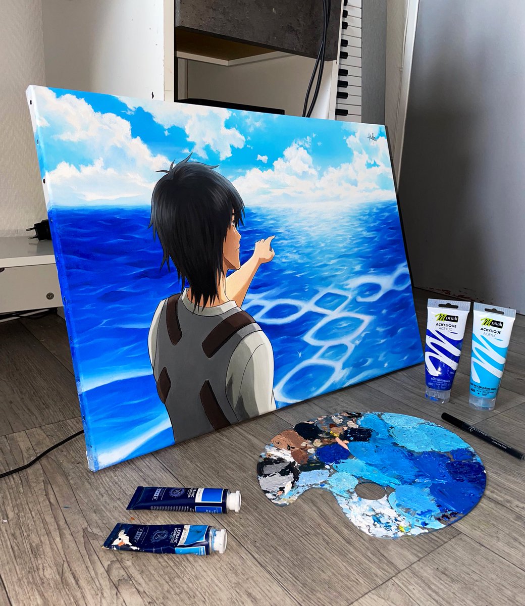 Chose promise chose due ! J’ai peint la scène mythique d’Eren avec l’océan 🎨 🌊  (toile 65x46cm, peinture à l’huile & acrylique) #ShingekiNoKyojin