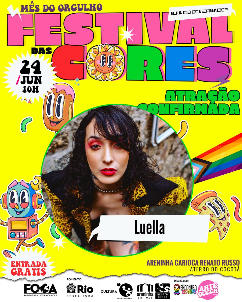 encontrocores's tweet photo. Amanhã é dia de Festival das Cores 🏳️‍🌈
Em comemoração ao mês do Orgulho convidamos a icônica @luella_who  para um super show 

Quem nós vemos por lá?

Evento gratuito, a partir das 10hrs

Endereço: Areninha Carioca Renato Russo, Aterro do Cocota https://t.co/hIdMZ2fFlX