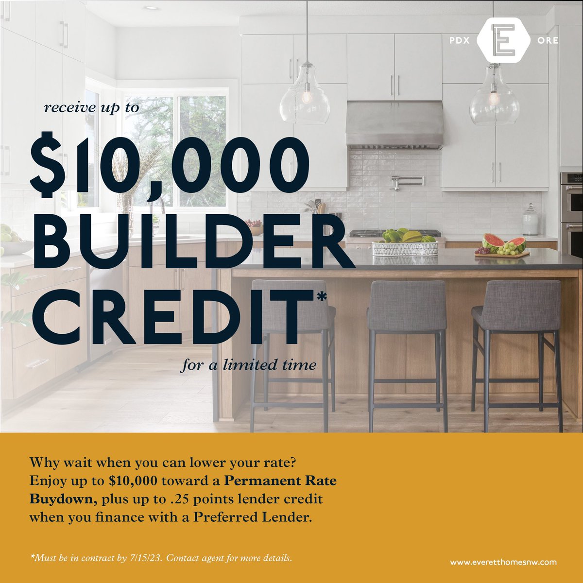 EverettHomesNW's tweet photo. Interest rates got you down? For a limited time we’re offering up to $10k for a Permanent Rate Buydown, PLUS up to .25 pts lender credit when you finance with our Preferred Lender. Just make sure you’re in contract by July 15! 

#interestrates #everettcustomhomes https://t.co/q5I2F1DJt6