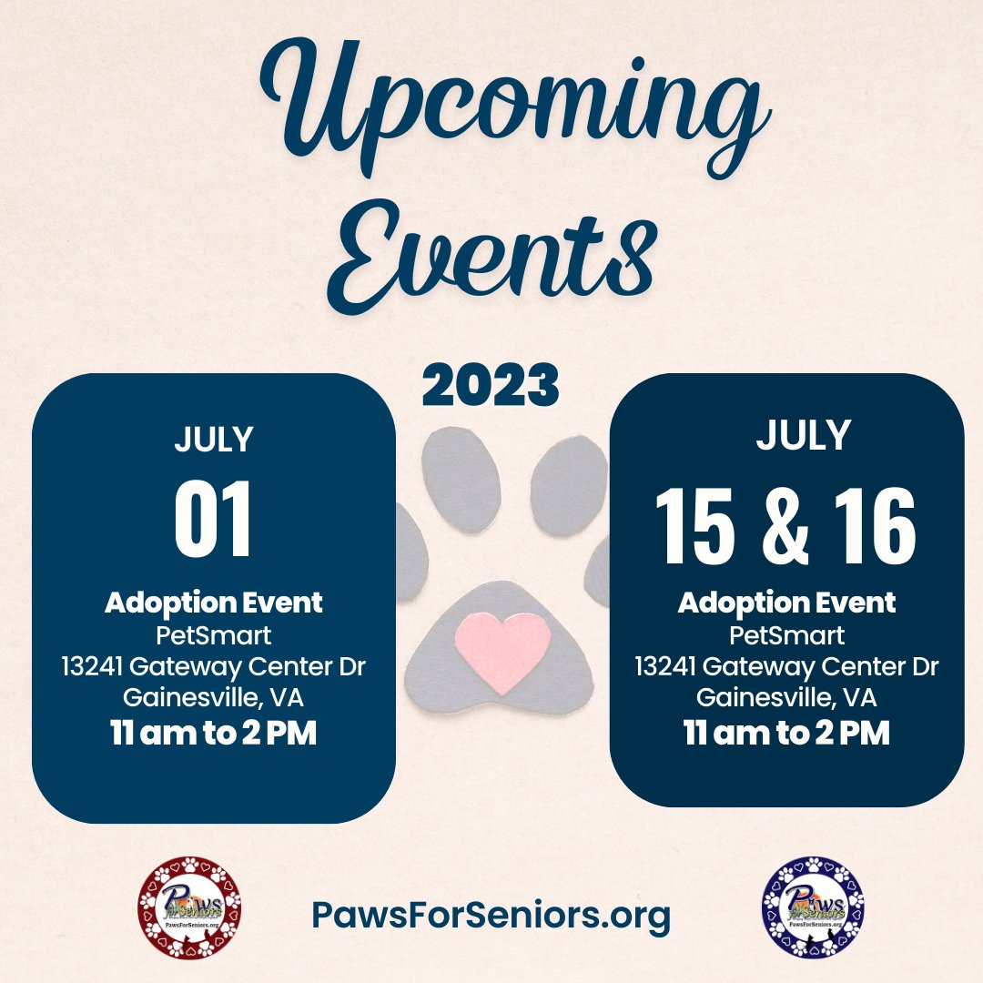 We are excited to announce our upcoming pet adoption events at PetSmart Gainesville,Va . On July 1st, 15th and 16th, from 11 am to 2 pm, we invite you to come and meet your new best friend.
#adopt #adoptabledogs #adoptablecats #pawsforseniors
conta.cc/3Xpxp9x